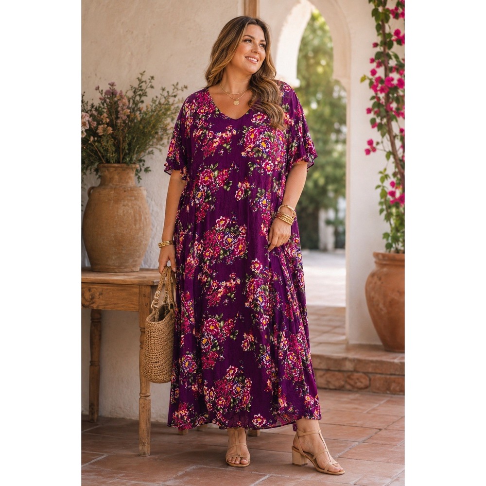 Woman Within 1X Purple Floral Maxi Dress Rayon Boho Cottagecore Plus Size PP44